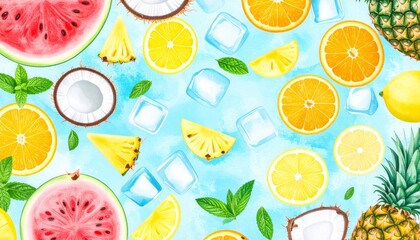 Flat lay watercolor composition of juicy fruits like watermelon slices, pineapples, oranges, lemons, and coconuts with ice cubes and mint leaves, vibrant summer palette