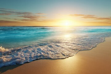 Golden Sunset Reflecting on Sandy Beach with Turquoise Waves and Cloudy Sky