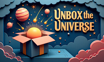 A magical box opens in space, releasing planets and stars in a surreal cosmic scene.