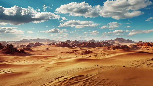 Landscape undergoing desertification showcasing vast sandy terrain and distant mountains under a bright sky, landscape undergoing desertification, Seamless ing video background