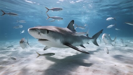 Fototapeta premium A great white shark swims gracefully underwater surrounded by smaller fish in a clear ocean environment.