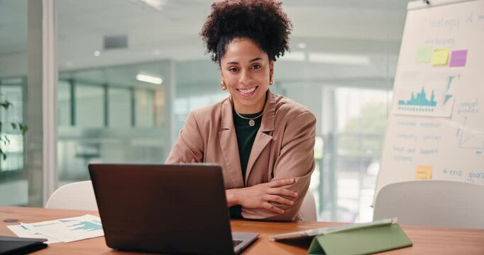 Arms crossed, finance and laptop with face of woman in office for portfolio growth or investment. Computer, money and wealth with smile of business person in workplace for financial management