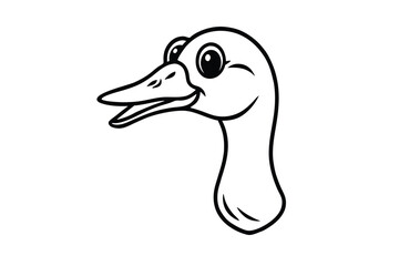 Cartoon outline of a goose head shows a funny happy expression, in black and white