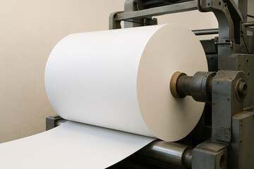 Large industrial paper roll feeding through automated machine equipment for high volume manufacturing and production process