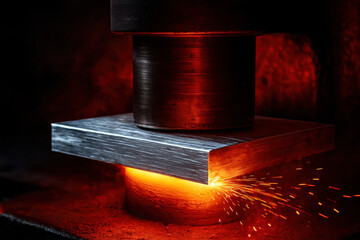 Glowing red hot metal slab being forged under heavy industrial press with vibrant sparks in a dark manufacturing environment