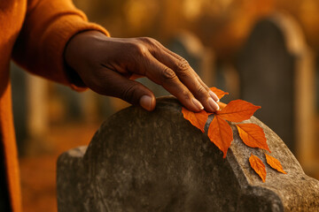 Hand resting on weathered gravestone with fallen autumn leaves in peaceful cemetery setting at sunset