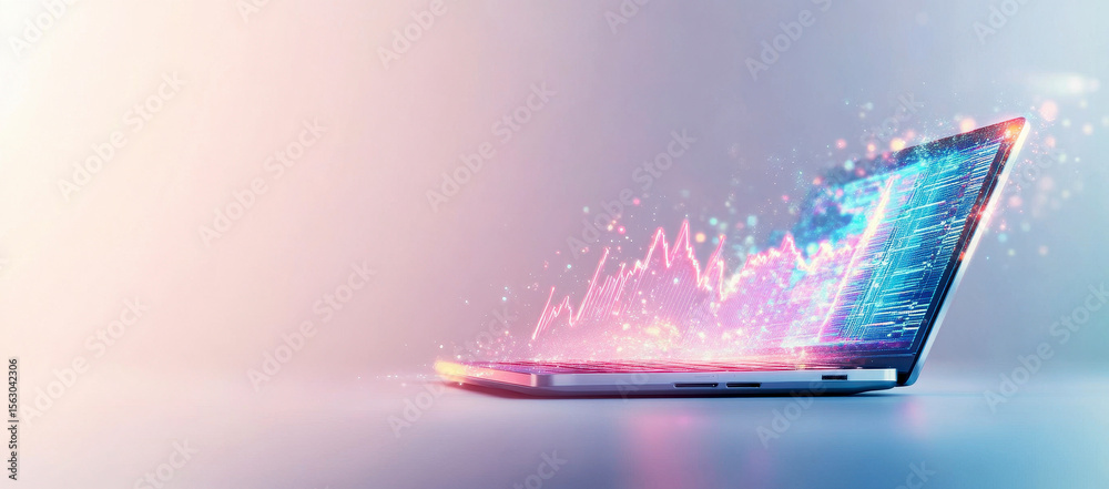 Wall mural futuristic laptop displaying glowing data and analytics visualizations