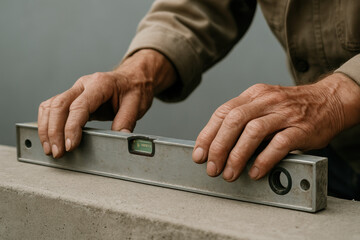 experienced craftsman leveling concrete surface with tool using hands for precision in construction and home renovation project
