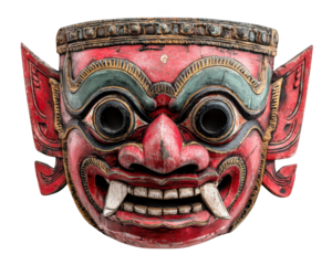 Traditional Thai giant mask red wood intricate carving fierce expression large fangs cultural artifact isolated on transparency background dramatic detail ceremonial use