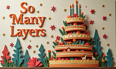Layered gingerbread-style cake with trees and stars for holiday fun.