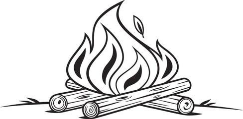 Campfire Flames with Burning Logs,Minimalist Line Art,Camp fire silhouette and vector,Simple icon of a campfire with burning logs,wood burning or fire,campfire icon,bonfire flat vector icon,flames,Ai