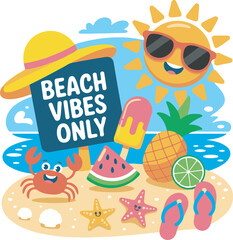 Cute Summer Beach Cartoon Vector with Sun, Crab, Fruits, and Palm Trees