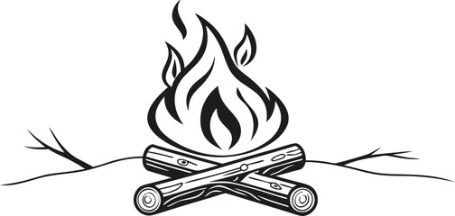 Campfire Flames with Burning Logs,Minimalist Line Art,Camp fire silhouette and vector,Simple icon of a campfire with burning logs,wood burning or fire,campfire icon,bonfire flat vector icon,flames,Ai