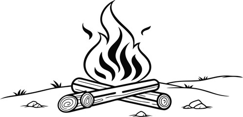 Campfire Flames with Burning Logs,Minimalist Line Art,Camp fire silhouette and vector,Simple icon of a campfire with burning logs,wood burning or fire,campfire icon,bonfire flat vector icon,flames,Ai