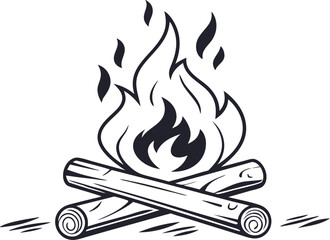 Campfire Flames with Burning Logs,Minimalist Line Art,Camp fire silhouette and vector,Simple icon of a campfire with burning logs,wood burning or fire,campfire icon,bonfire flat vector icon,flames,Ai