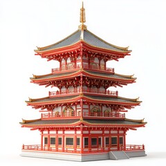 Fototapeta premium A traditional Japanese pagoda with multiple tiers, intricate wooden architecture, and a curved, tiled roof in red and gold accents.