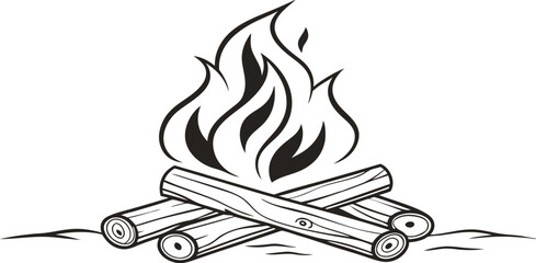 Campfire Flames with Burning Logs,Minimalist Line Art,Camp fire silhouette and vector,Simple icon of a campfire with burning logs,wood burning or fire,campfire icon,bonfire flat vector icon,flames,Ai