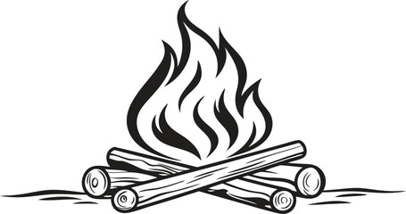 Campfire Flames with Burning Logs,Minimalist Line Art,Camp fire silhouette and vector,Simple icon of a campfire with burning logs,wood burning or fire,campfire icon,bonfire flat vector icon,flames,Ai