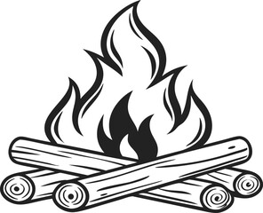 Campfire Flames with Burning Logs,Minimalist Line Art,Camp fire silhouette and vector,Simple icon of a campfire with burning logs,wood burning or fire,campfire icon,bonfire flat vector icon,flames,Ai