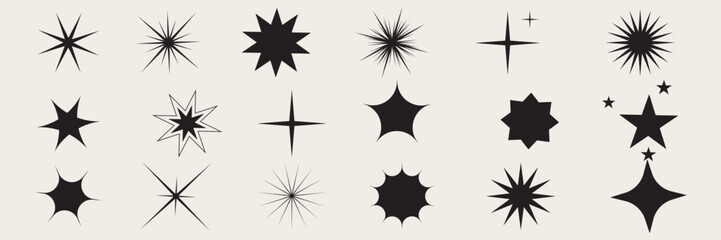Set of blinking stars, sparks and sparkles. Shining twinkle sunburst shapes collection. Magic light flare pack for design template, poster, banner, brochure, leaflet. Vector illustration