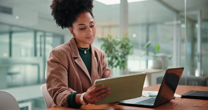 Browsing, employee and woman with tablet, online or policy update on company website and HR manager. Research, info and African person with laptop for administration, plan or review of digital report