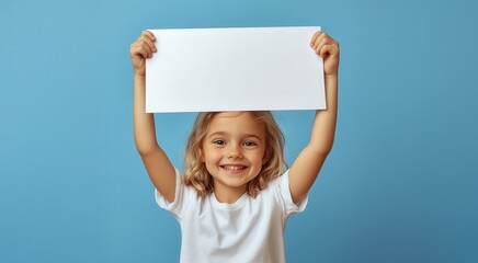 Smiling young woman displaying blank horizontal banner above head, blue studio backdrop highlighting marketing concept