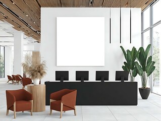 Minimalist Interior Mockup with a moody cinematic feel, sleek black desk and multiple blank computer screens Contemporary Interior Mockups Modern Architectural Display Spaces