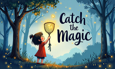 A girl with lantern stands in a dreamy night forest filled with magic.
