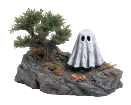 Ghost figure with white sheet and black eye holes stands beside artificial tree on rocky grave scene, surrounded by moss and autumn leaves, evoking spooky, playful Halloween atmosphere