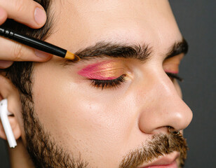 Close-up of a person having their eyebrow shaped with a brush, wearing bright makeup.