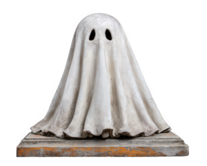 Ghost figure with draped white sheet and black eye holes sitting on weathered stone grave, isolated on transparency background, evokes spooky and mysterious atmosphere