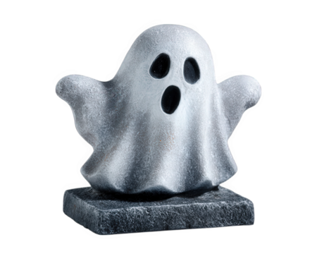 Ghost statue with open mouth and eyes, stone base, isolated on transparency background, evokes spooky and playful Halloween decoration vibes, perfect for seasonal displays