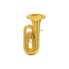 Golden brass tuba musical instrument with realistic shine and shadow centered on white background