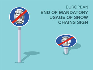Traffic regulation rules. Isolated european "end of mandatory usage of snow chains" road sign. Front and top view. Flat vector illustration template.