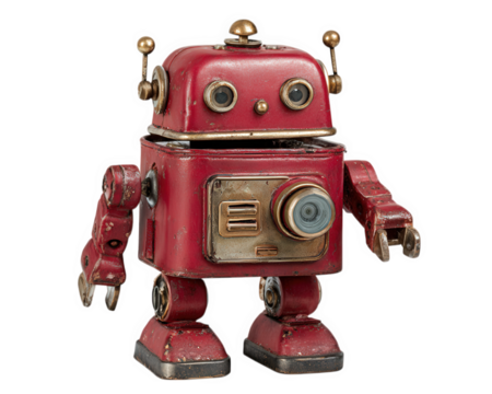 Vintage red toy robot with metallic details, isolated on transparency background, retro style, nostalgic and playful, evokes curiosity and joy, collectible object