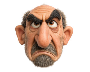 Angry cartoon man face with large nose, bushy eyebrows, bald head, and expressive frown isolated on transparency background, humorous and exaggerated character design
