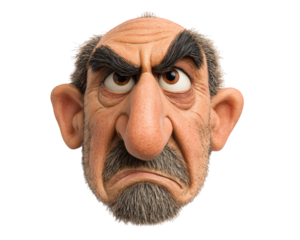 Angry cartoon man face with large nose, bushy eyebrows, bald head, and expressive frown isolated on transparency background, humorous and exaggerated character design