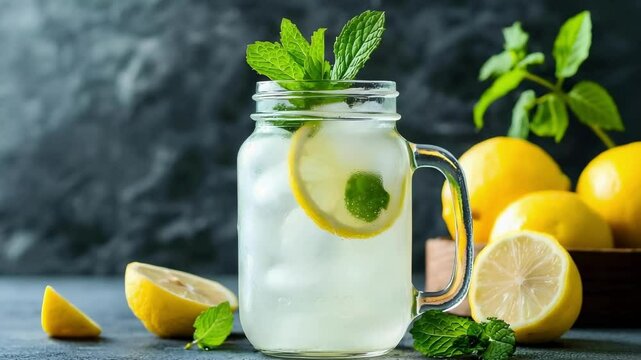 A refreshing lemonade drink in a mason jar garnished with mint leaves and lemon slices, with lemons in the background.