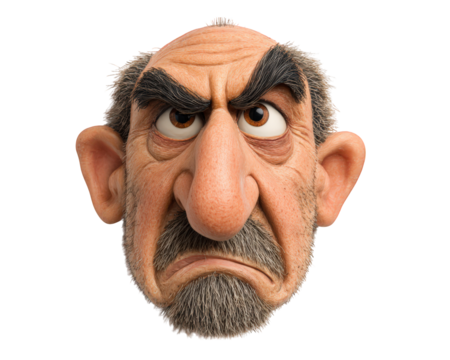 Angry cartoon man face with large nose, bushy eyebrows, bald head, and expressive frown isolated on transparency background, humorous and exaggerated character design