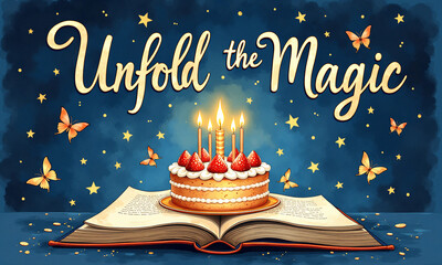 Magical open book with a cake on top and glowing butterflies flying around in a dreamlike scene.