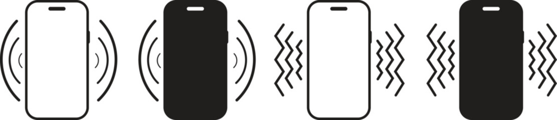 Minimal smartphone vibration icon set in black and white, showing mobile ringing, buzzing, and alert modes, perfect for app UI, notifications, motion interface, or digital signal symbols.