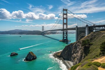 Iconic golden gate bridge spans turquoise waters under a bright blue sky