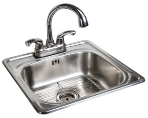 Stainless steel kitchen sink with faucet and handles, isolated on transparency background, modern design, reflective surface, clean and functional for home or restaurant use
