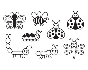 Fototapeta premium Set of outlined cartoon insects including butterfly, bee, ladybug, ant, grasshopper, caterpillar, beetle, and dragonfly. Black and white vector line drawing