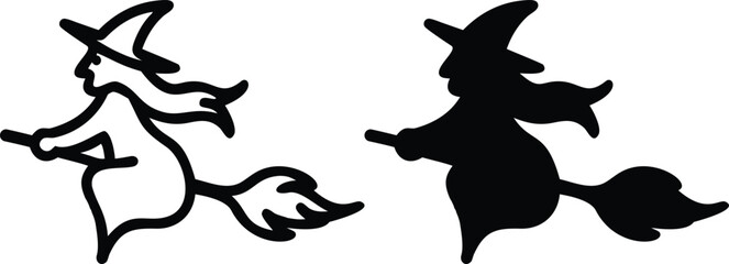 Flying Witch Vector Icons – Black and White Halloween Silhouette on Broomstick Illustration