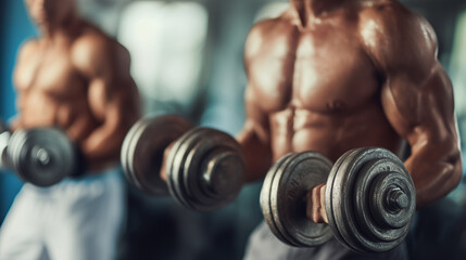Yong man at the gym with heavy dumbbells, close up photo