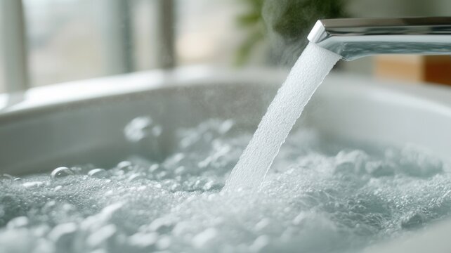 Hot water is pouring from a faucet into a bathtub, creating a layer of foam and bubbles, perfect for a relaxing bath