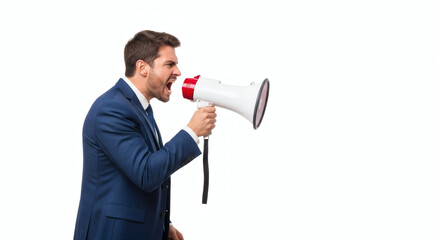A person with an angry expression yelling through a megaphone on a white background.