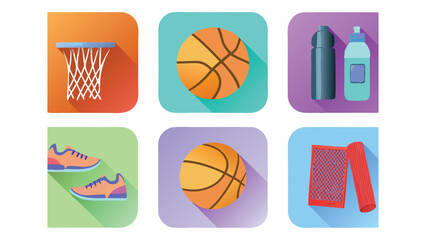 Fototapeta premium Collection of basketball hoop, balls, water bottles, shoes and a yoga mat on colored squares