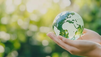 Hands holding a glass globe with a green earth inside, symbolizing environmental protection and sustainability